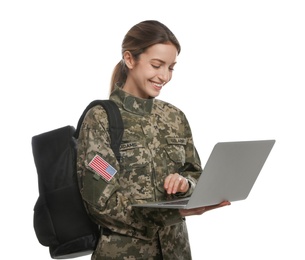 Female cadet with backpack and laptop isolated on white. Military education