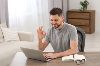 Photo of Man showing ok gesture at online translation course on laptop in room