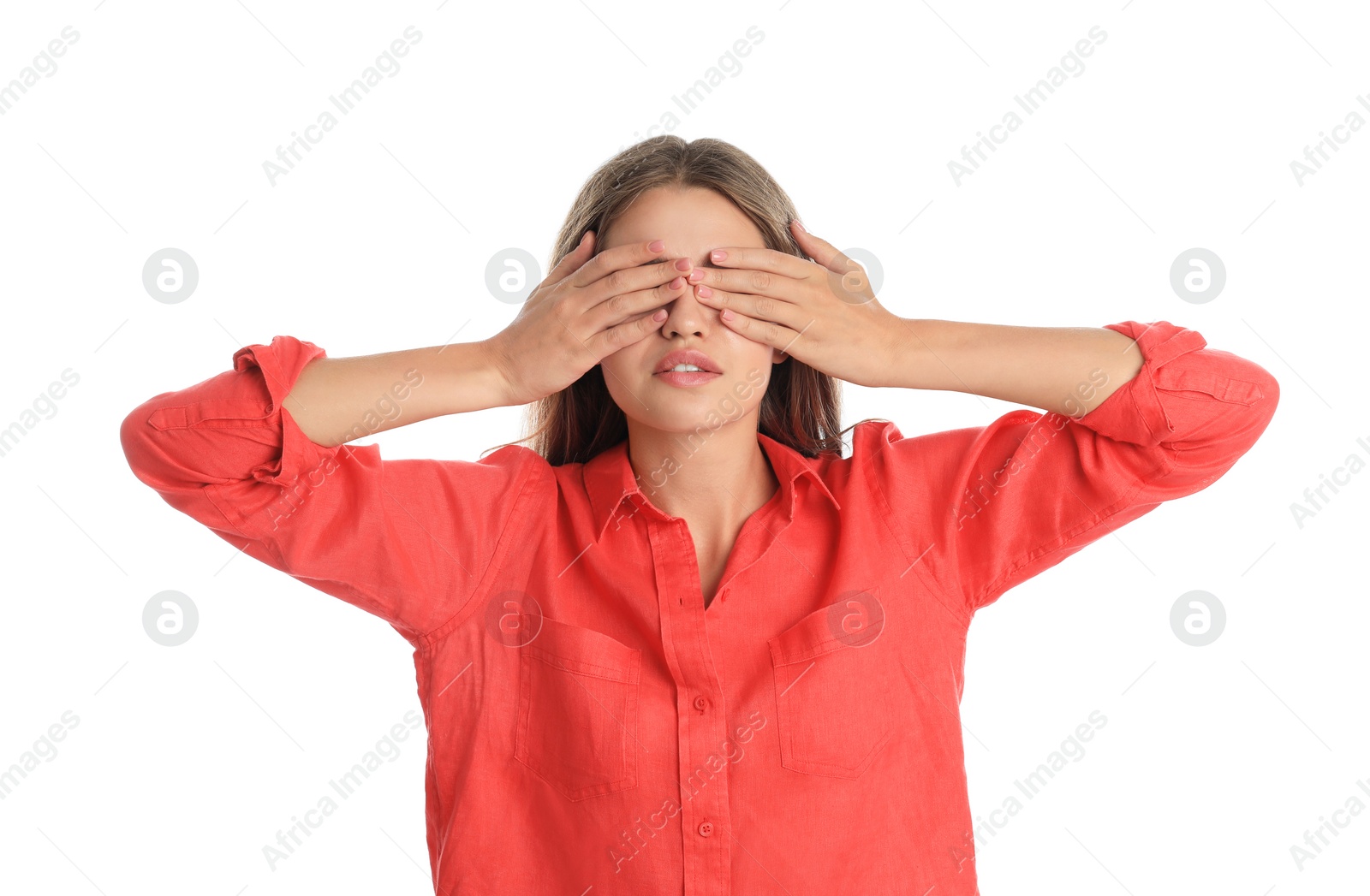 Photo of Young woman being blinded on white background