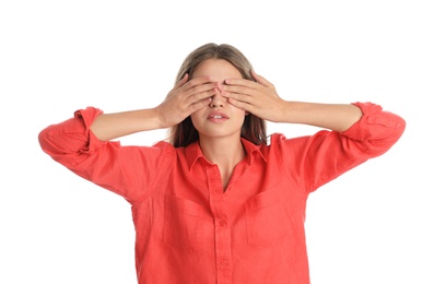 Photo of Young woman being blinded on white background