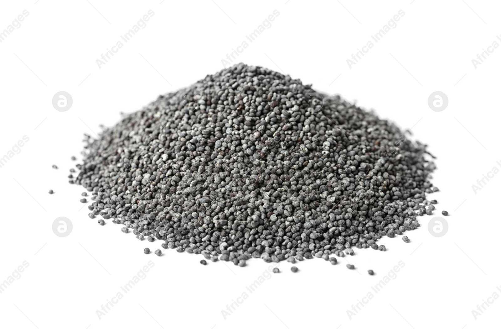 Photo of Pile of raw poppy seeds on white background