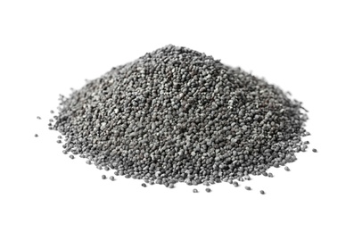 Pile of raw poppy seeds on white background