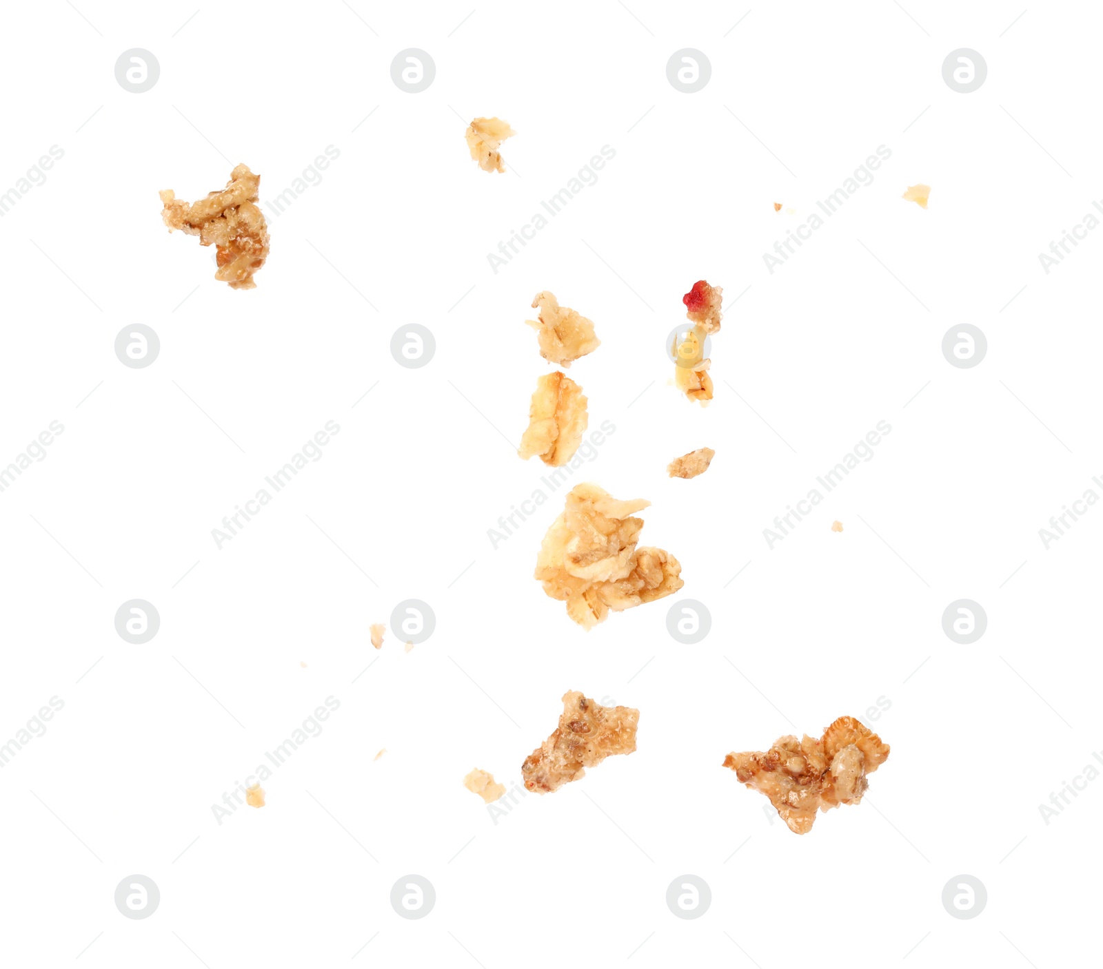 Photo of Pieces of tasty granola isolated on white