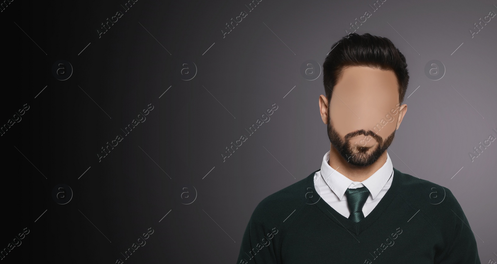 Image of Anonymous. Faceless man in suit on dark background. Banner design with space for text