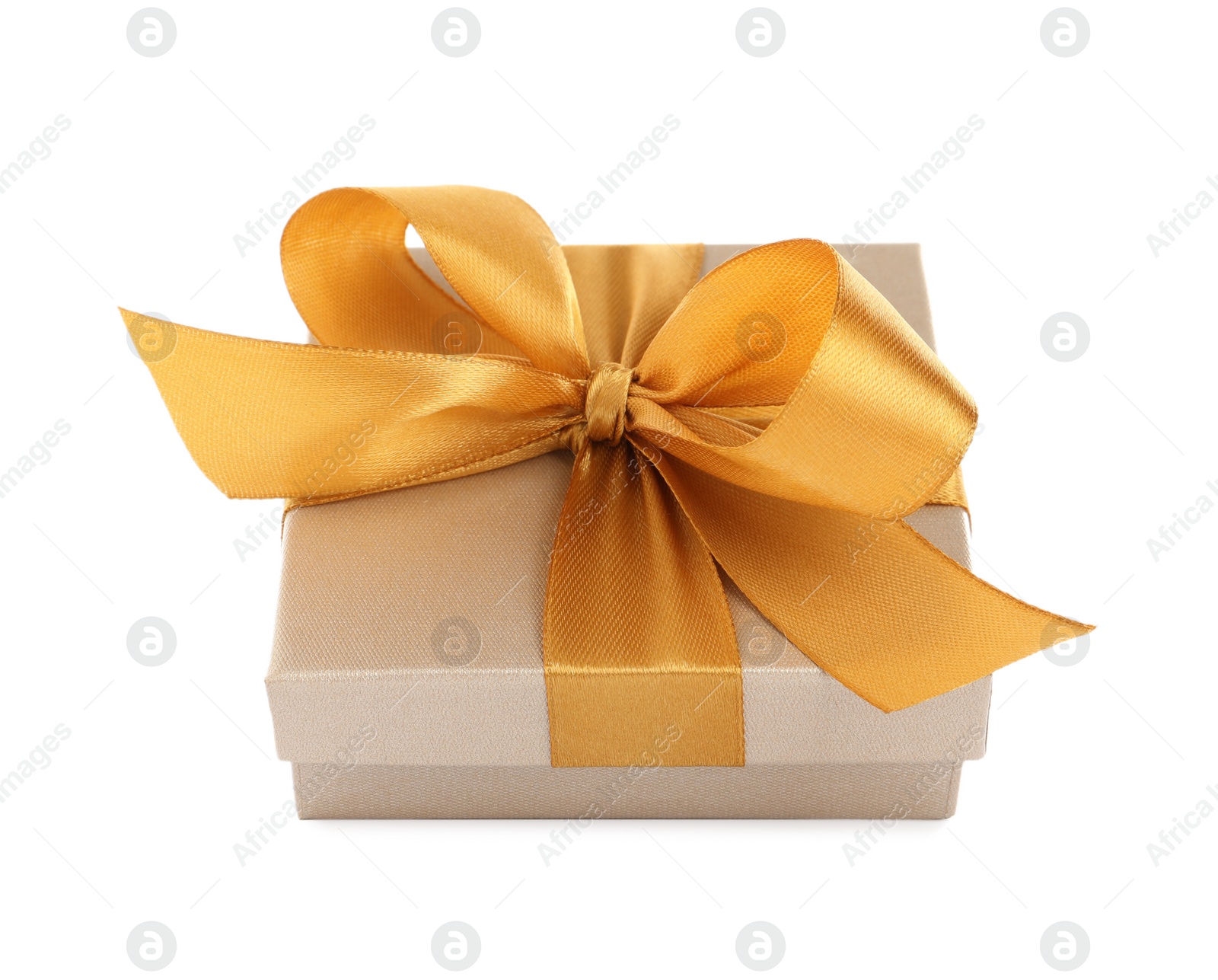 Photo of Beautiful gift box with golden ribbon and bow on white background