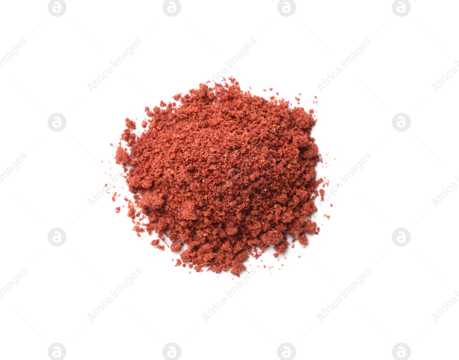 Photo of Heap of dried cranberry powder isolated on white, top view