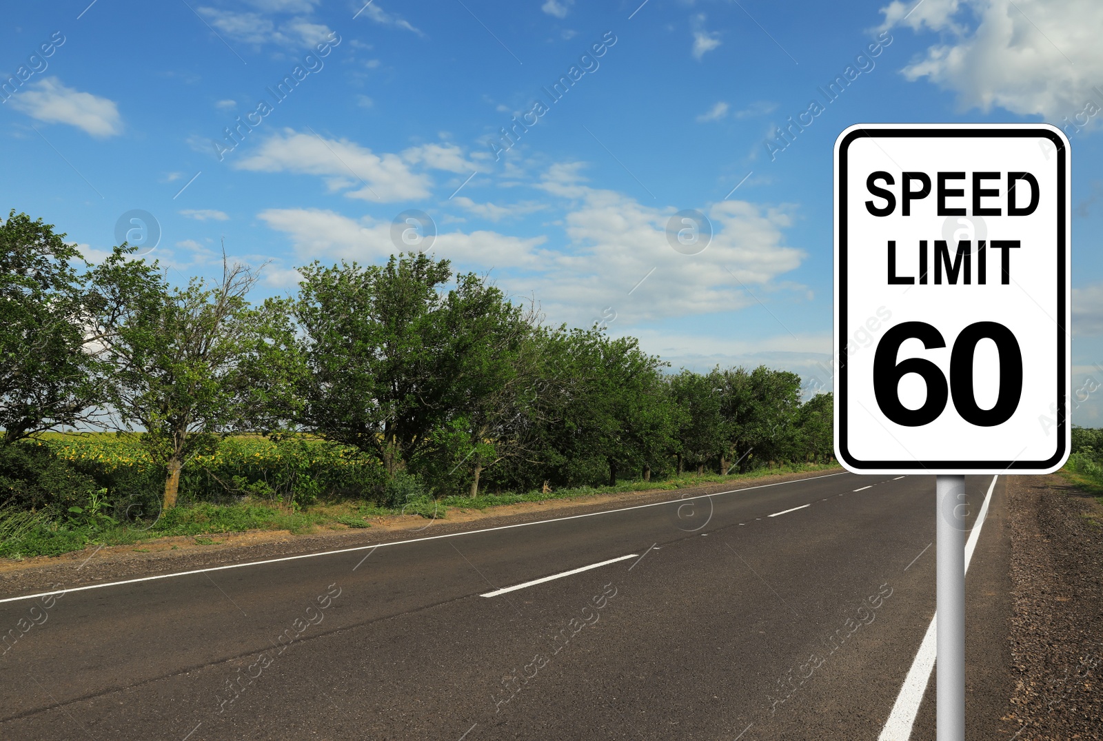 Image of Traffic sign SPEED LIMIT 60 near empty asphalt road on sunny day