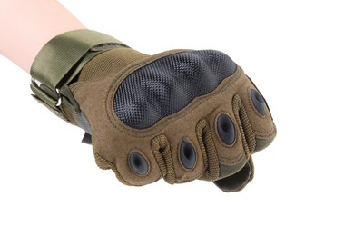Photo of Man wearing tactical glove on white background, closeup. Military training equipment