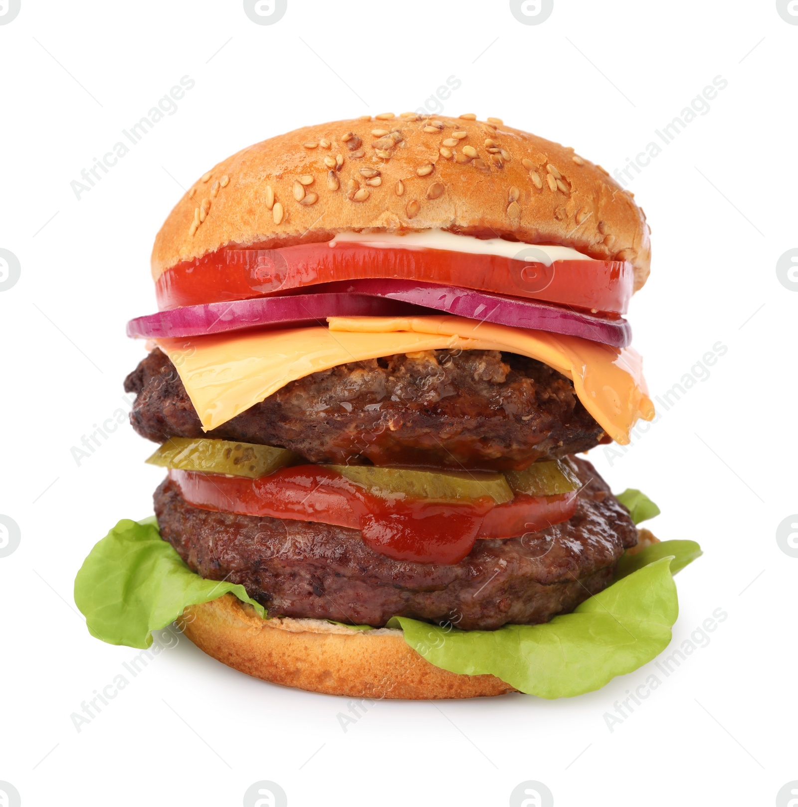 Photo of Tasty cheeseburger with patties and tomato isolated on white