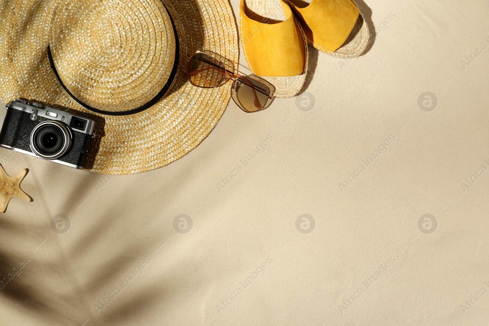 Photo of Flat lay composition with vintage camera and beach objects on sand. Space for text