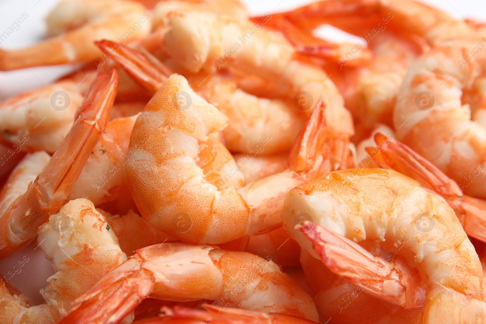 Photo of Pile of delicious peeled shrimps as background, closeup