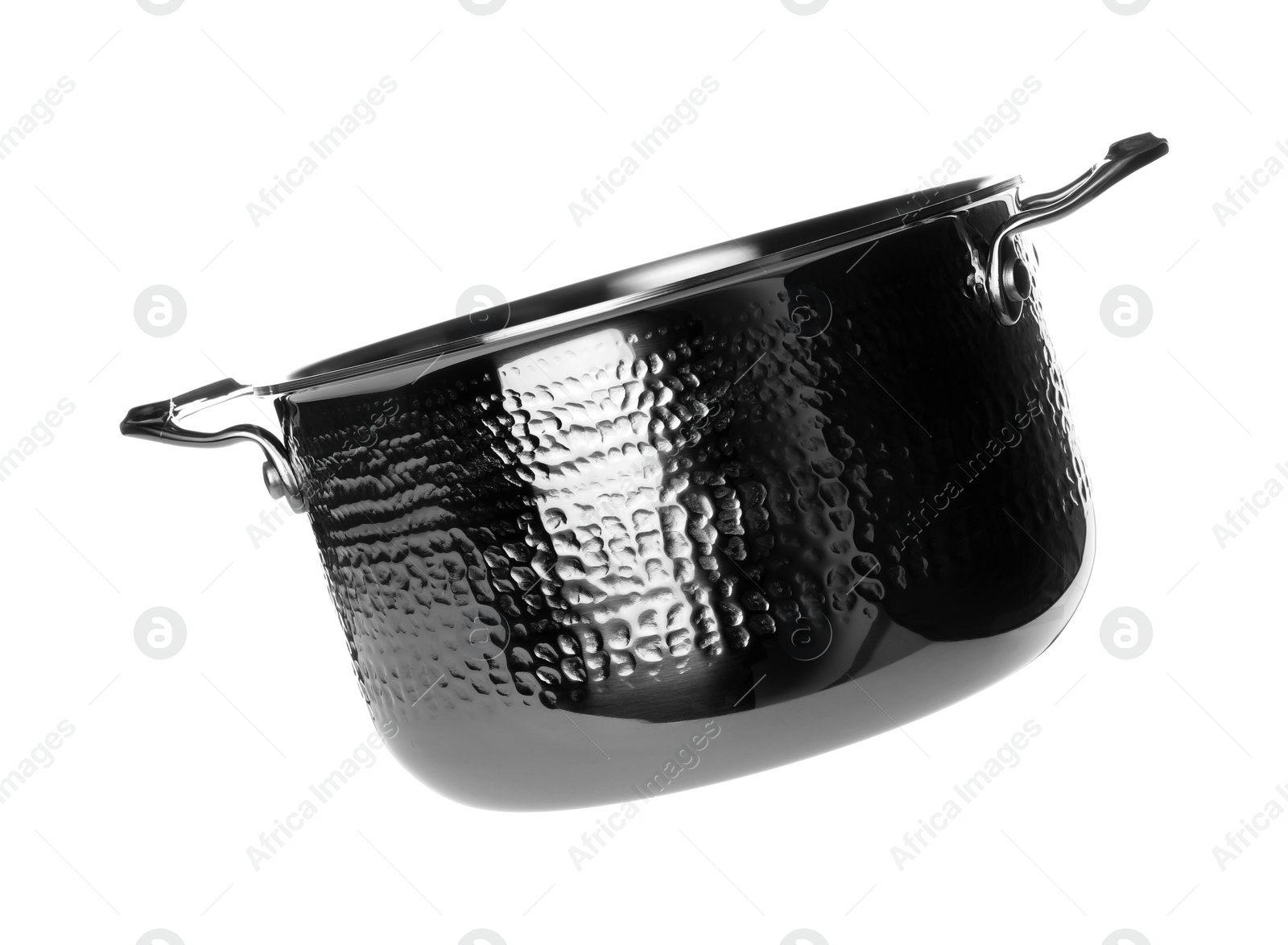 Photo of Clean saucepan isolated on white. Modern cookware