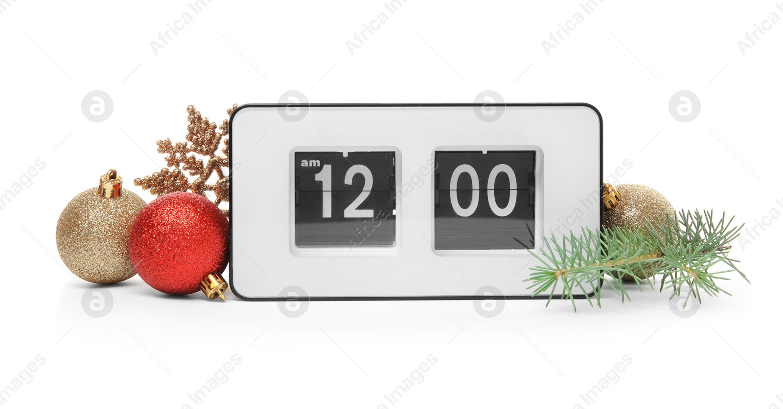 Photo of Electric clock and festive decor on white background. Christmas countdown