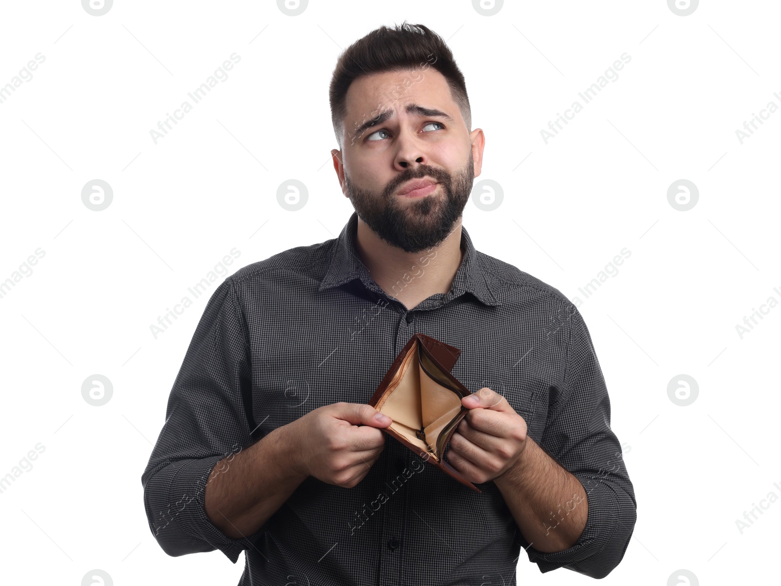 Photo of Man showing empty wallet on white background