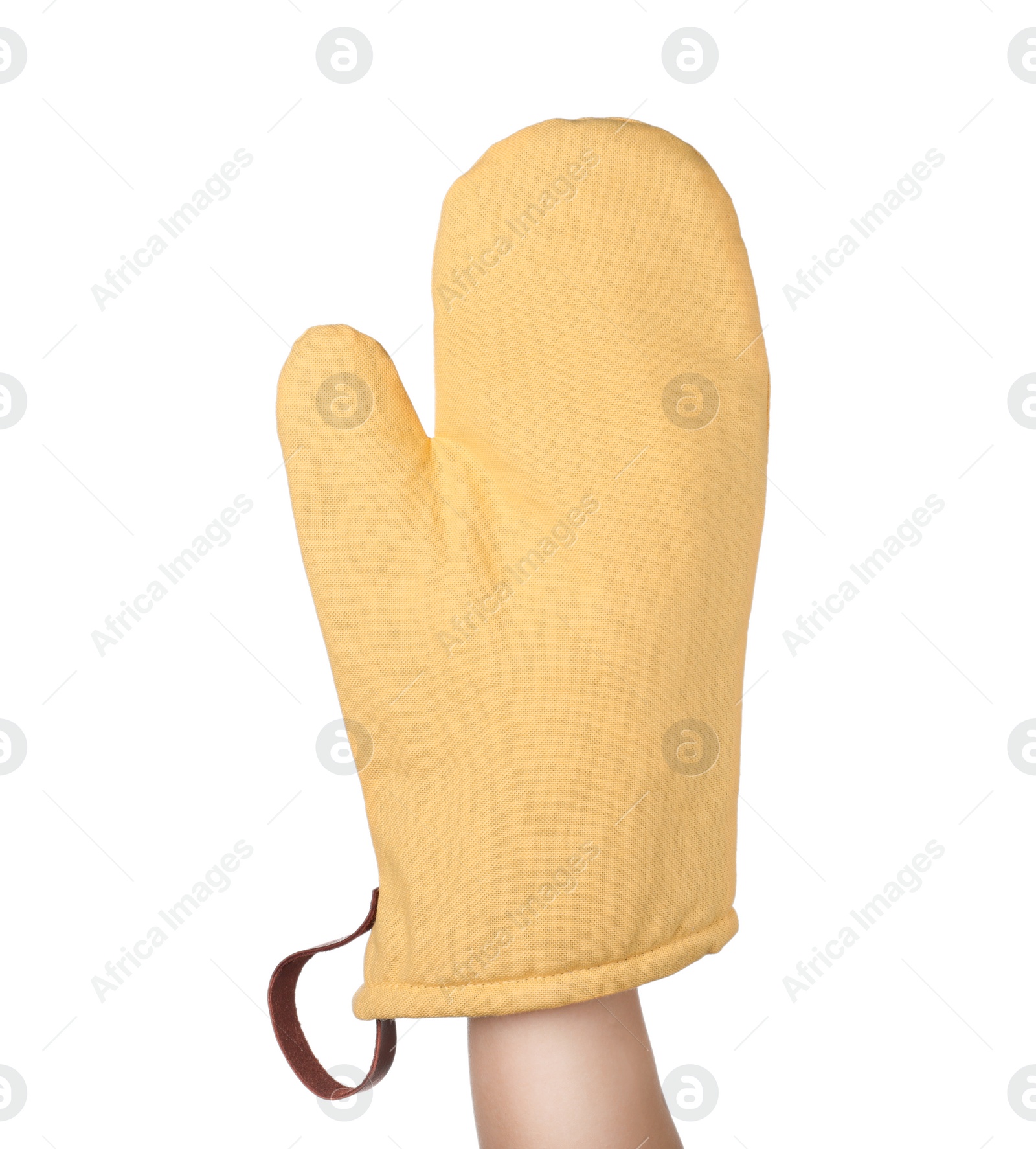 Photo of Chef in oven glove on white background, closeup