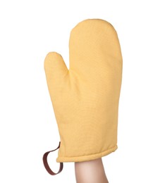 Photo of Chef in oven glove on white background, closeup