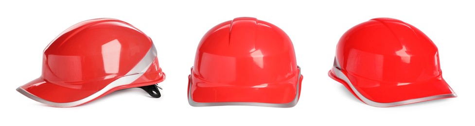 Set with red hard hats on white background, banner design. Safety equipment