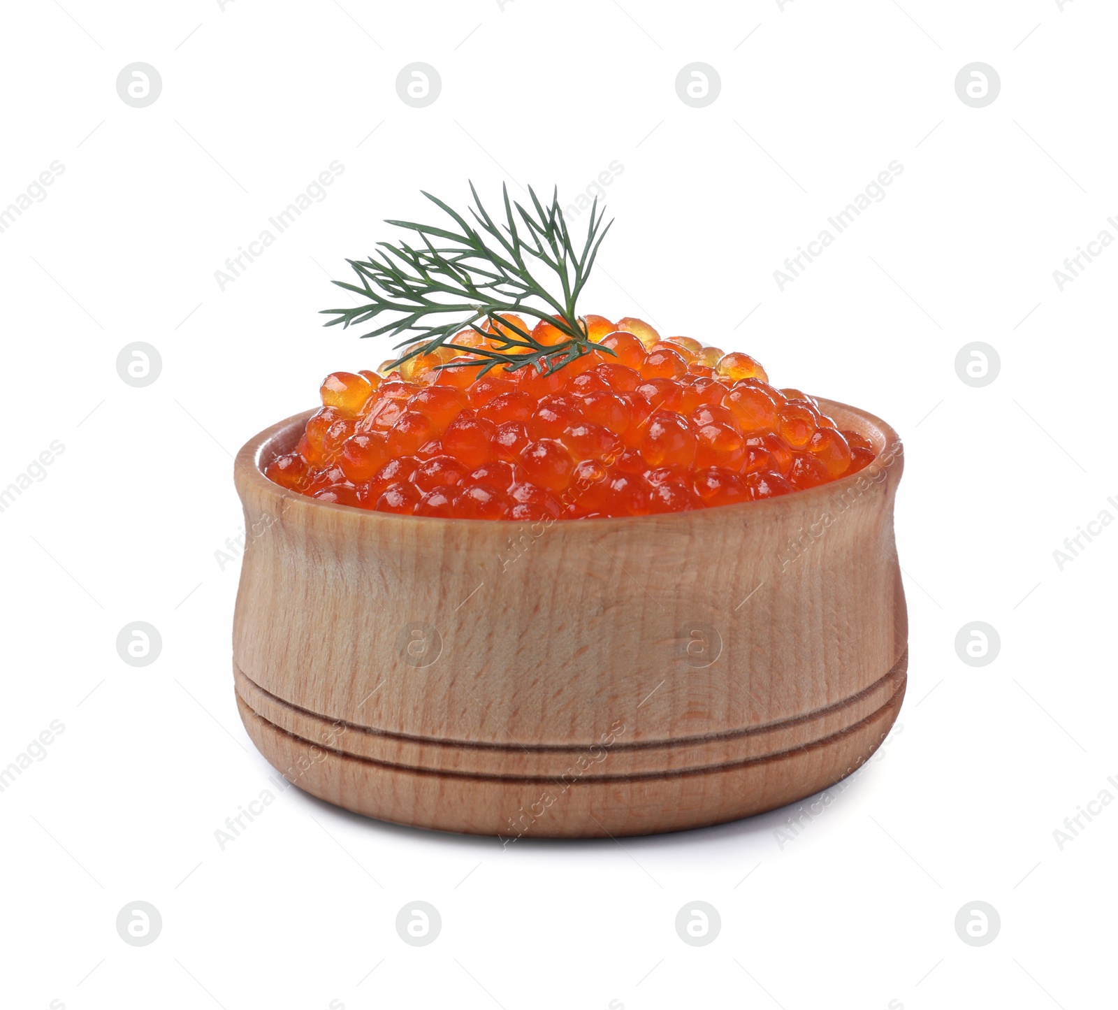 Photo of Wooden bowl of delicious red caviar and dill isolated on white