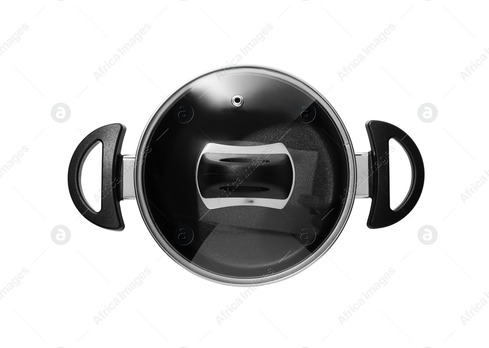 Photo of One steel pot with glass lid isolated on white, top view