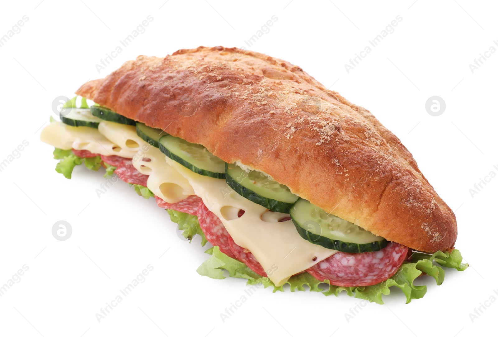 Photo of Delicious sandwich with cucumber, cheese, salami and lettuce leaves isolated on white