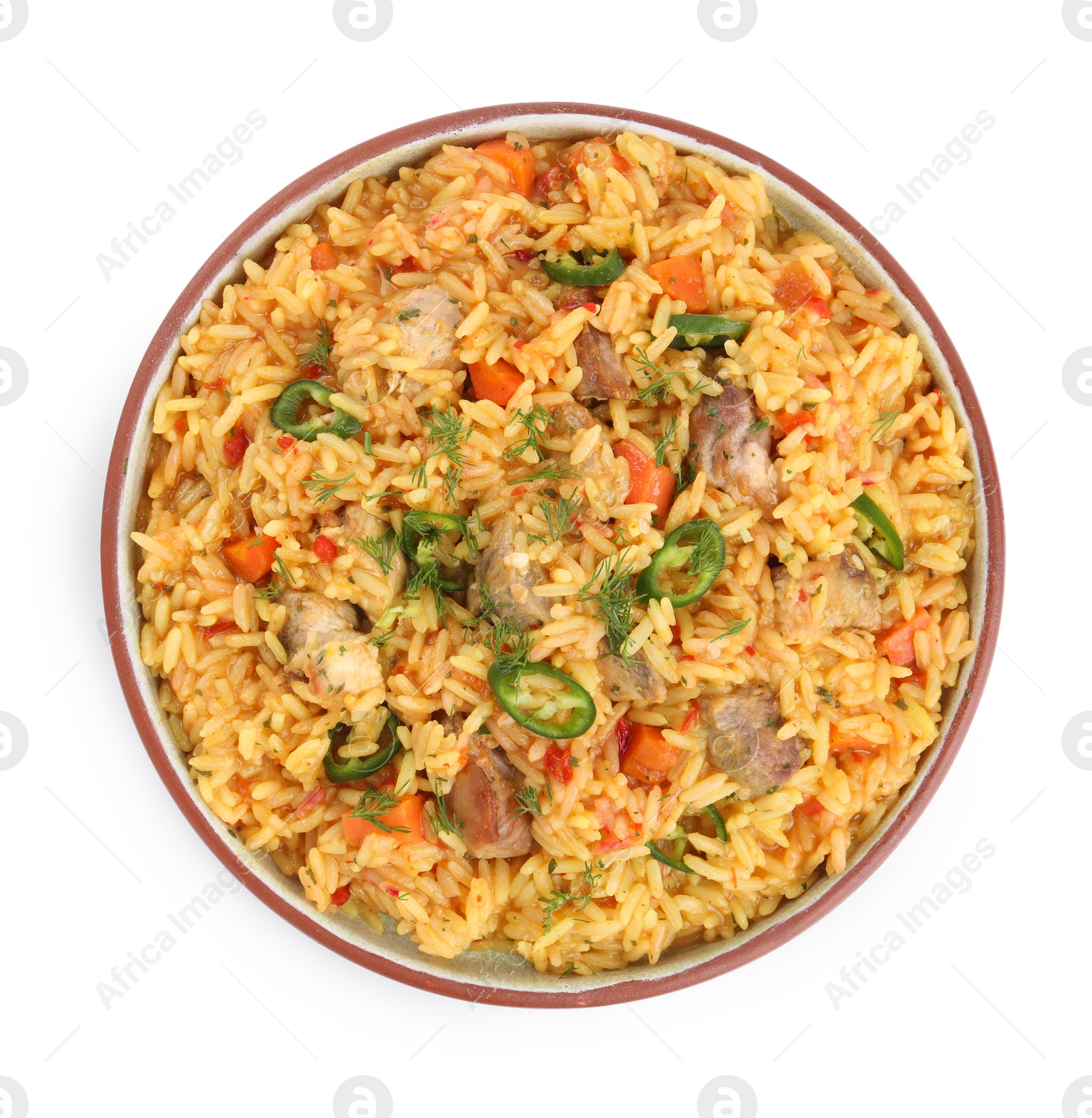 Photo of Delicious pilaf with meat isolated on white, top view