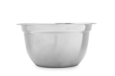 Empty clean metal bowl isolated on white