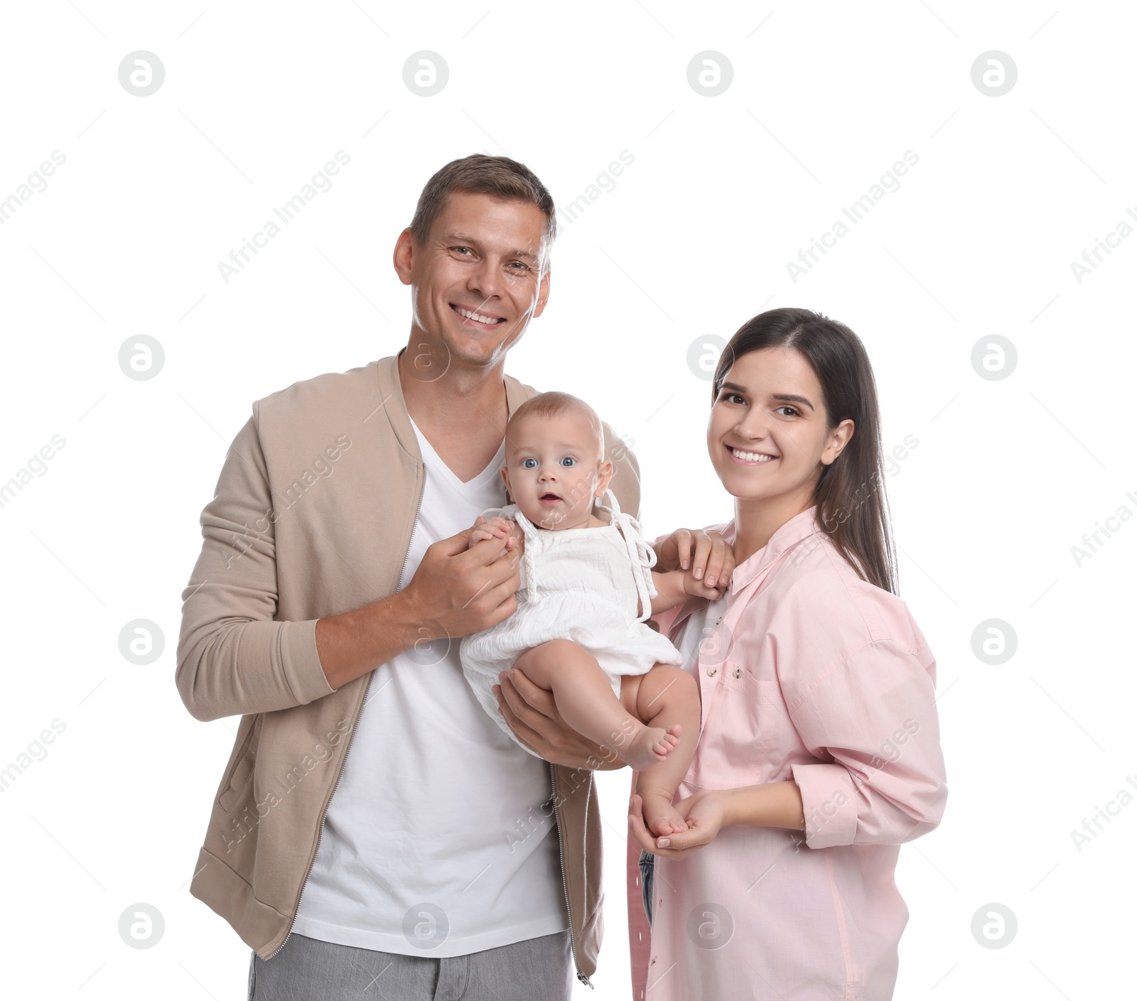 Photo of Portrait of happy family with their cute baby on white background