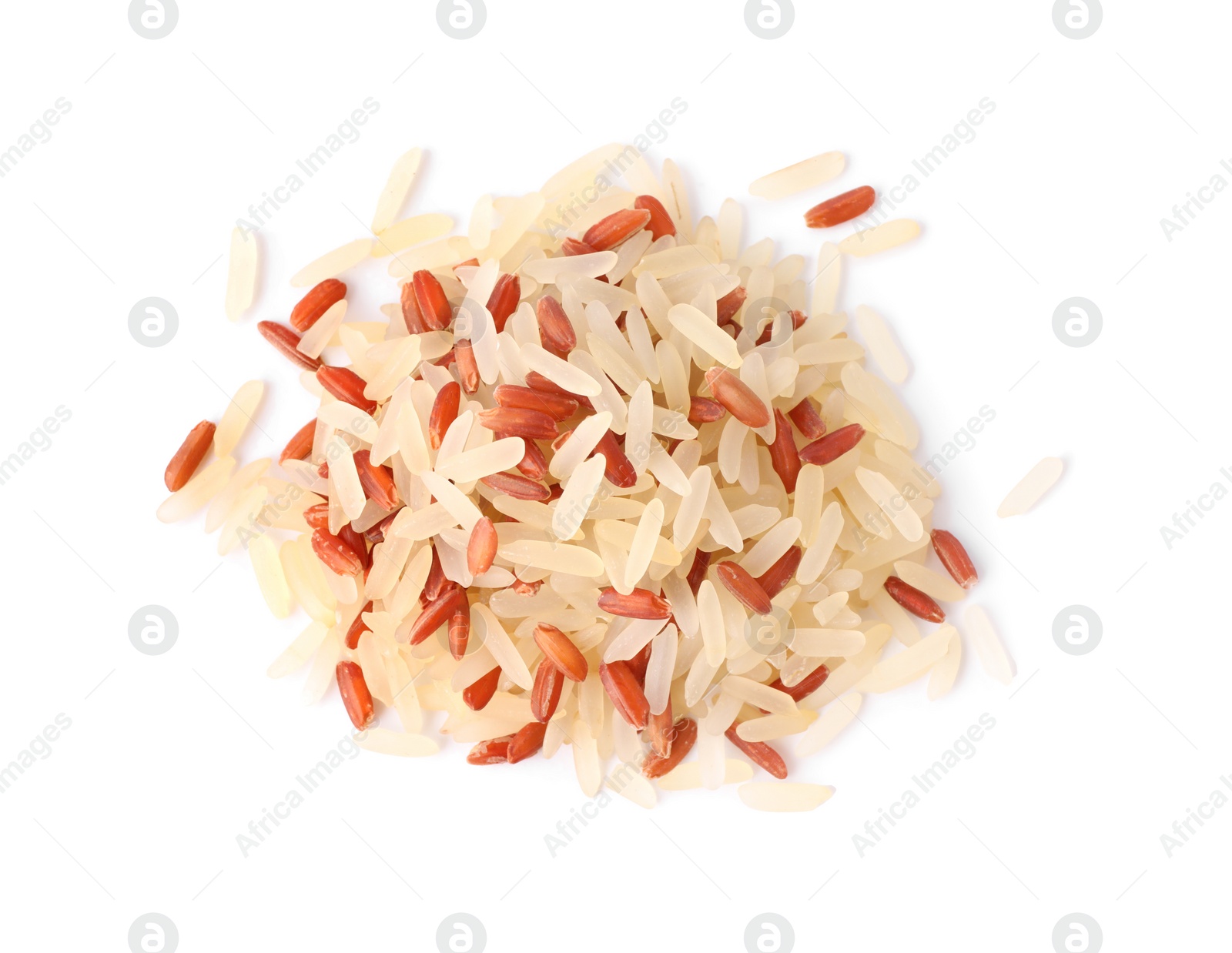 Photo of Mix of brown and polished rice isolated on white, top view