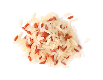 Photo of Mix of brown and polished rice isolated on white, top view