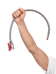 Photo of Male plumber holding flexible hose on white background, closeup
