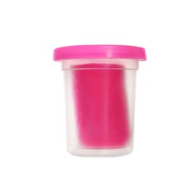 Plastic container of pink play dough isolated on white