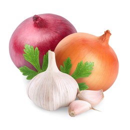 Image of Garlic, parsley, red and yellow onion bulbs isolated on white