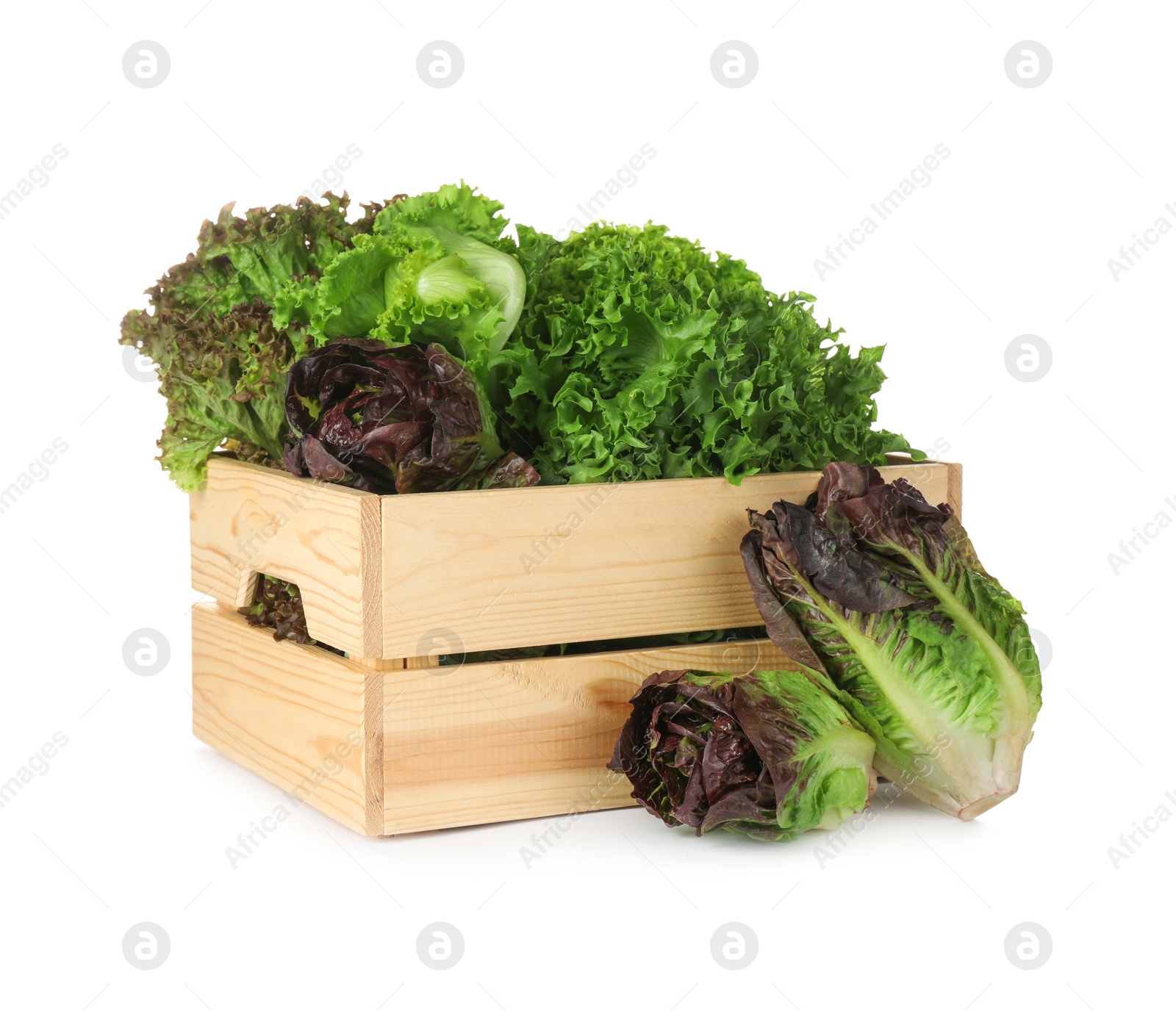 Photo of Wooden crate and different sorts of lettuce on white background
