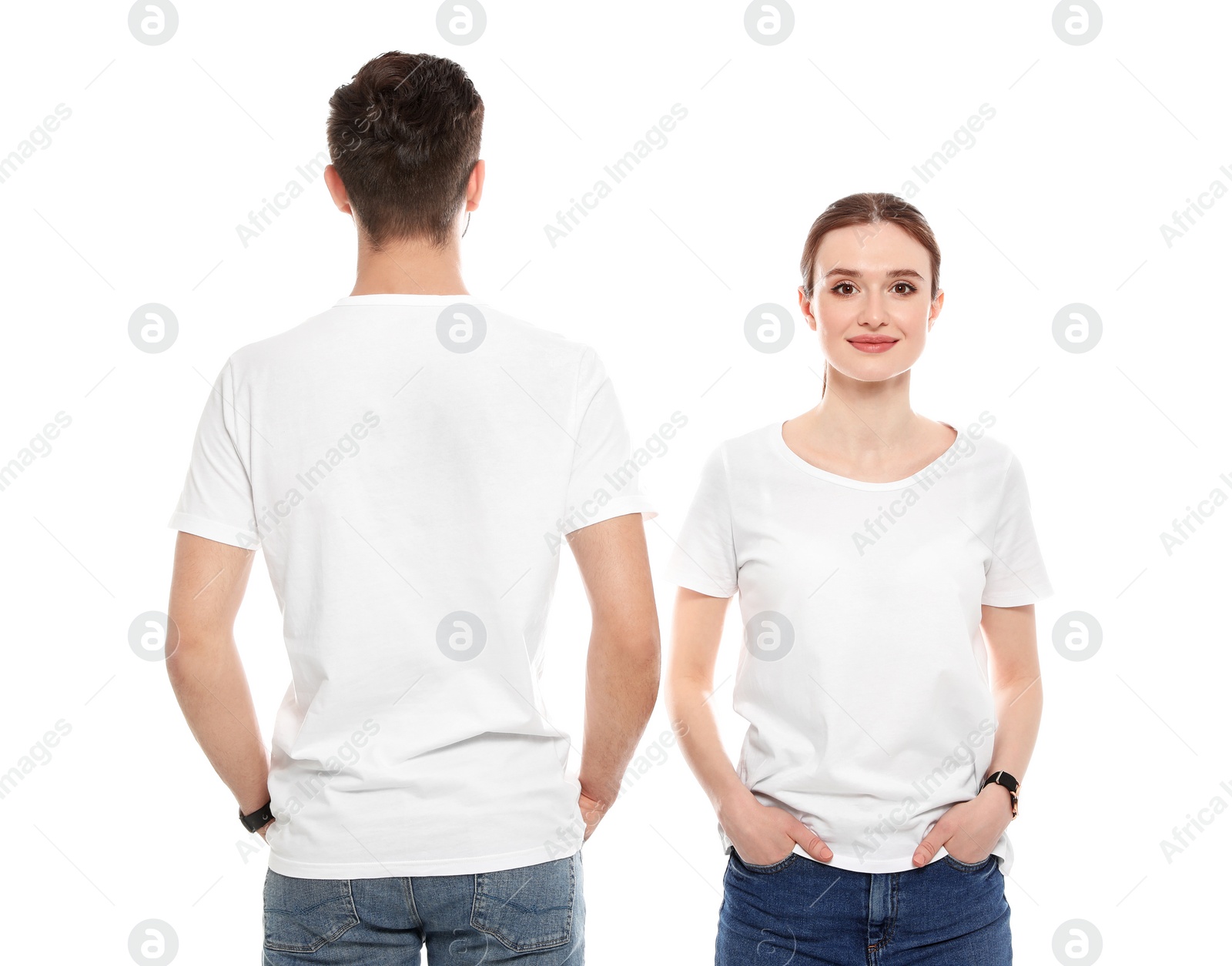 Photo of Young people in t-shirts on white background. Mock up for design