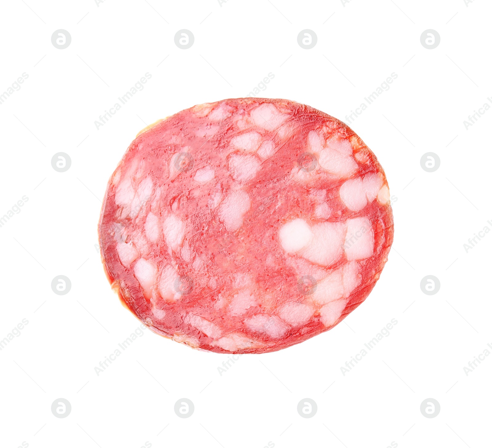 Photo of Slice of delicious smoked sausage isolated on white