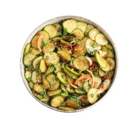 Bowl of delicious cucumber salad isolated on white, top view