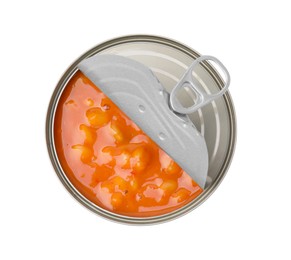 Photo of Open tin can of beans in tomato sauce isolated on white, top view