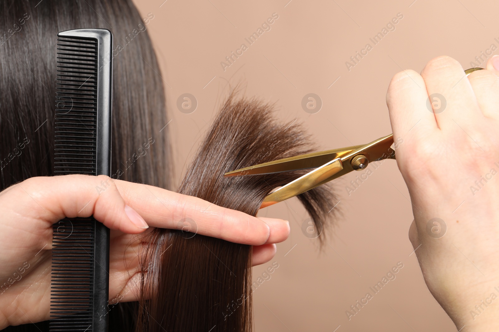 Photo of Hairdresser cutting client's hair with scissors on beige background, closeup