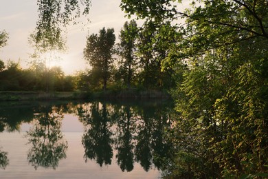 Photo of Picturesque view of lake at sunrise. Morning landscape