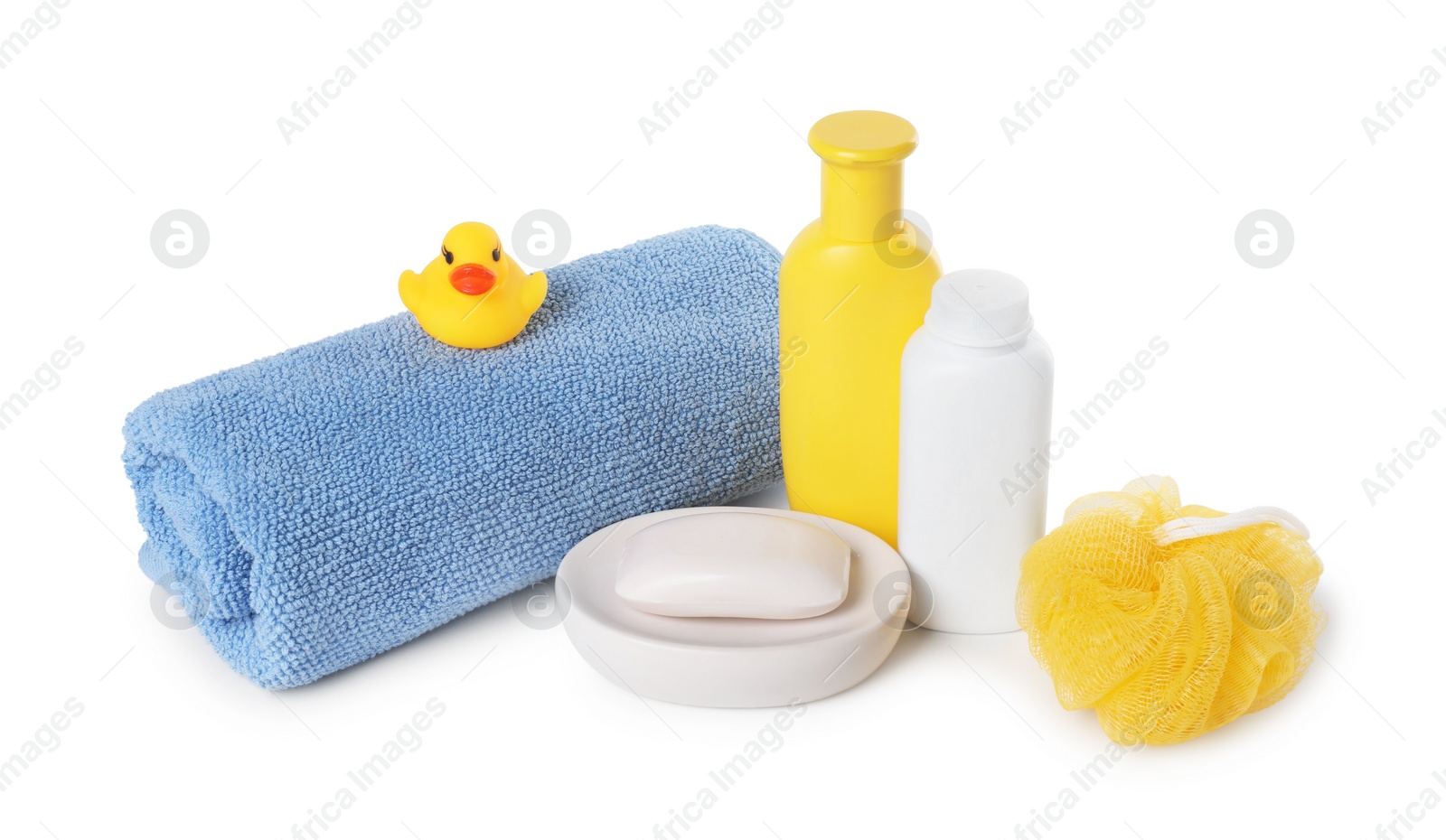 Photo of Baby cosmetic products, bath duck, sponge and towel isolated on white