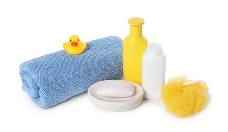 Photo of Baby cosmetic products, bath duck, sponge and towel isolated on white