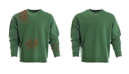 Image of Stylish sweatshirt before and after washing on white background, collage. Dry-cleaning service