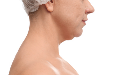 Mature woman with double chin on white background, closeup