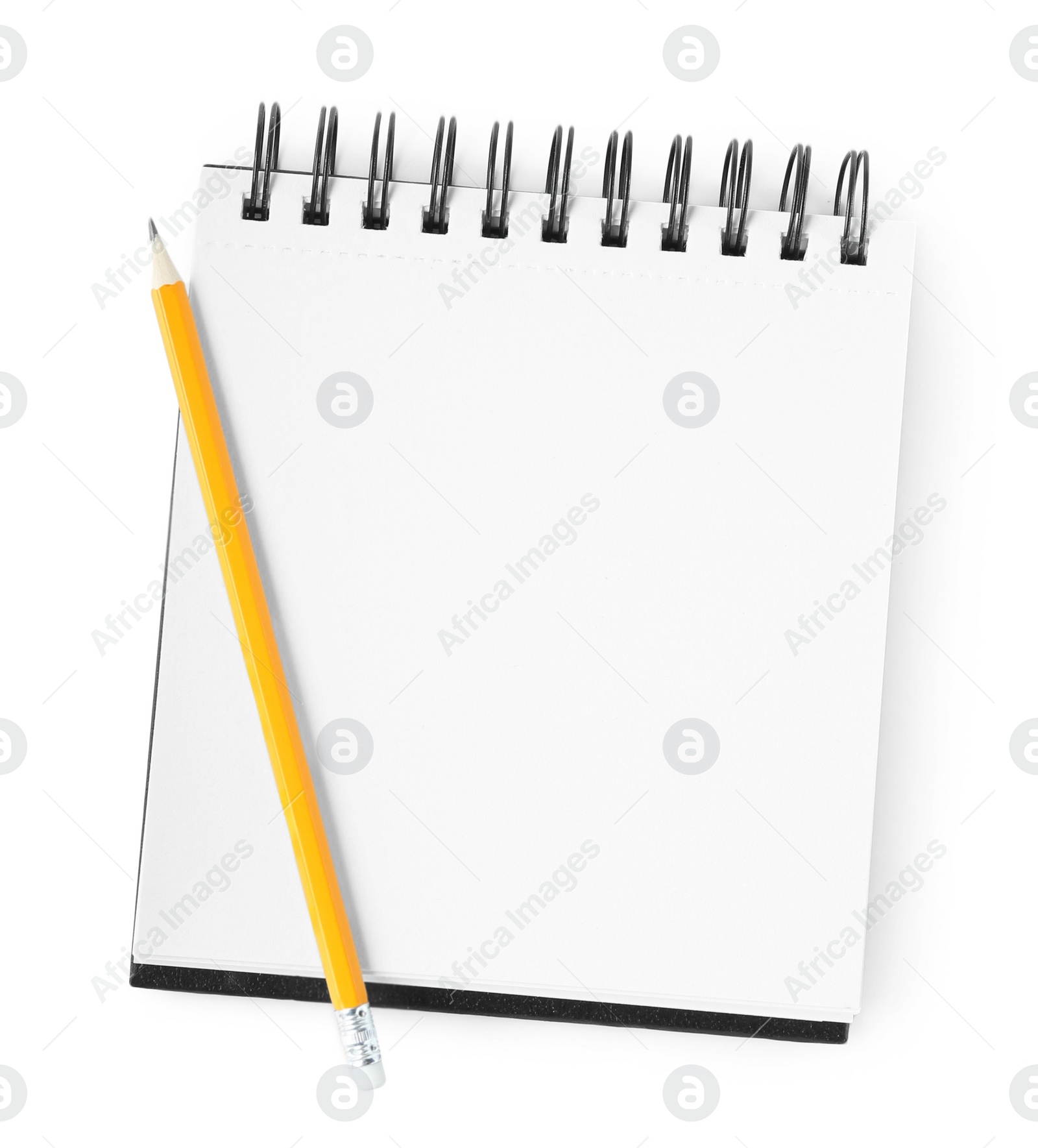 Photo of Notebook and pencil isolated on white, top view