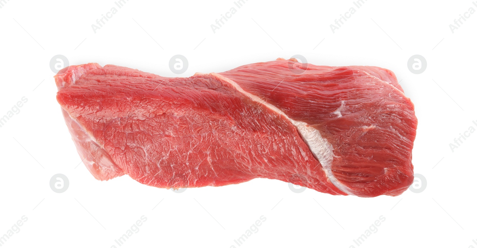 Photo of One raw beef tenderloin isolated on white, top view