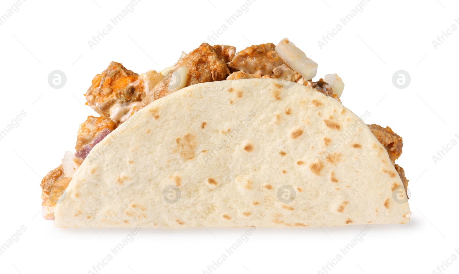 Photo of Delicious taco with meat and onion isolated on white