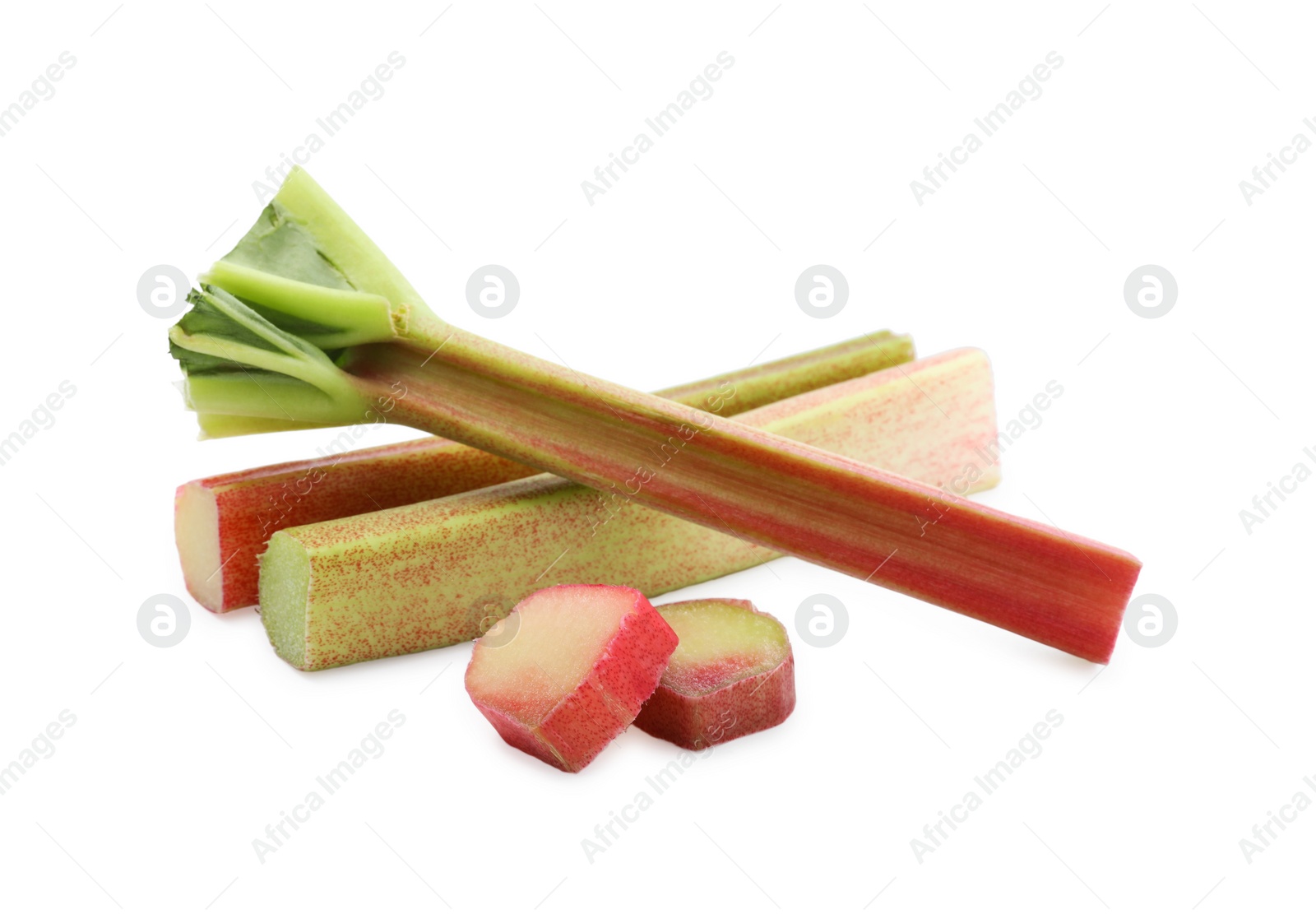 Photo of Cut fresh ripe rhubarb isolated on white