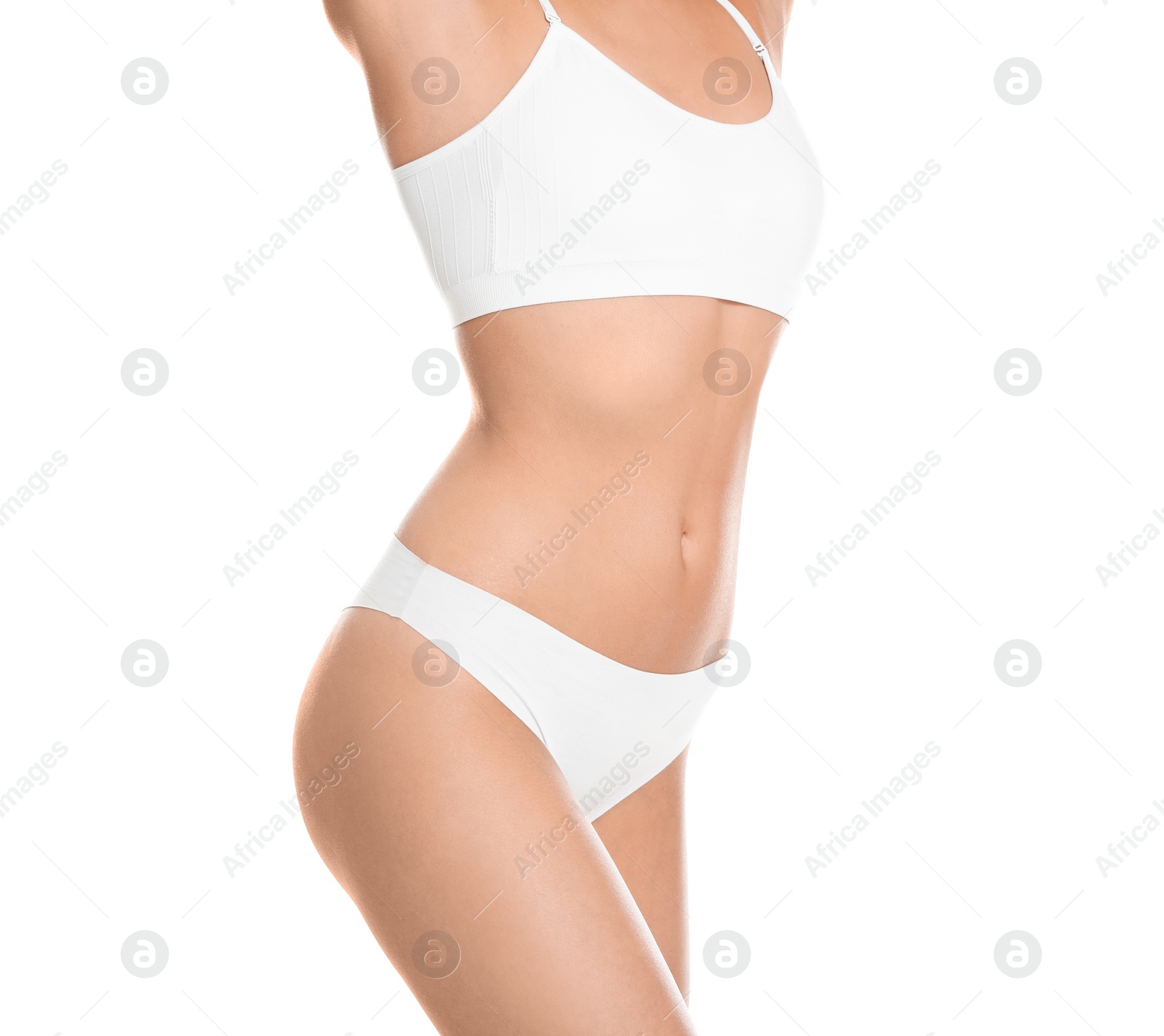 Photo of Slim young woman with smooth gentle skin on white background. Beauty and body care concept