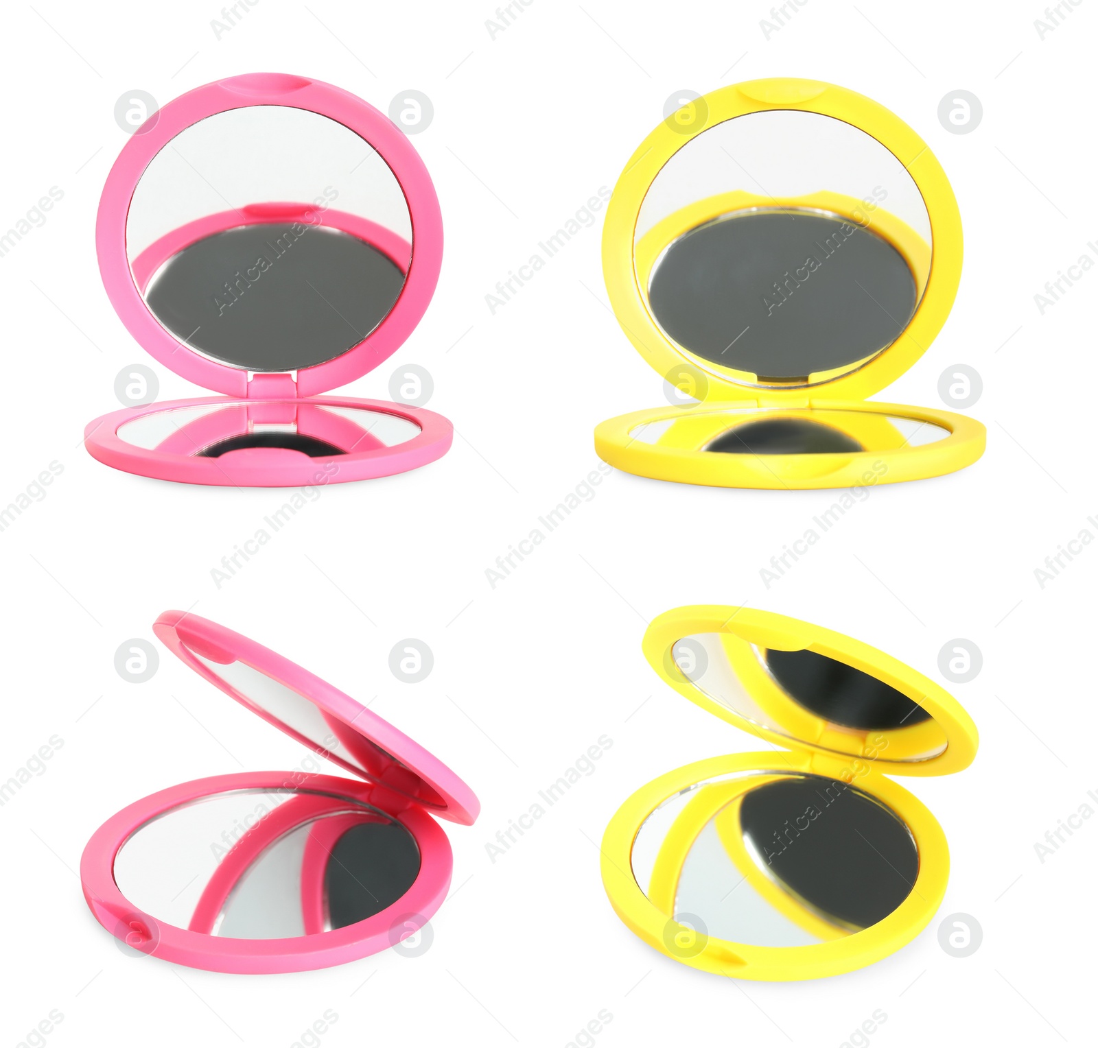 Image of Set with colorful pocket mirrors on white background 