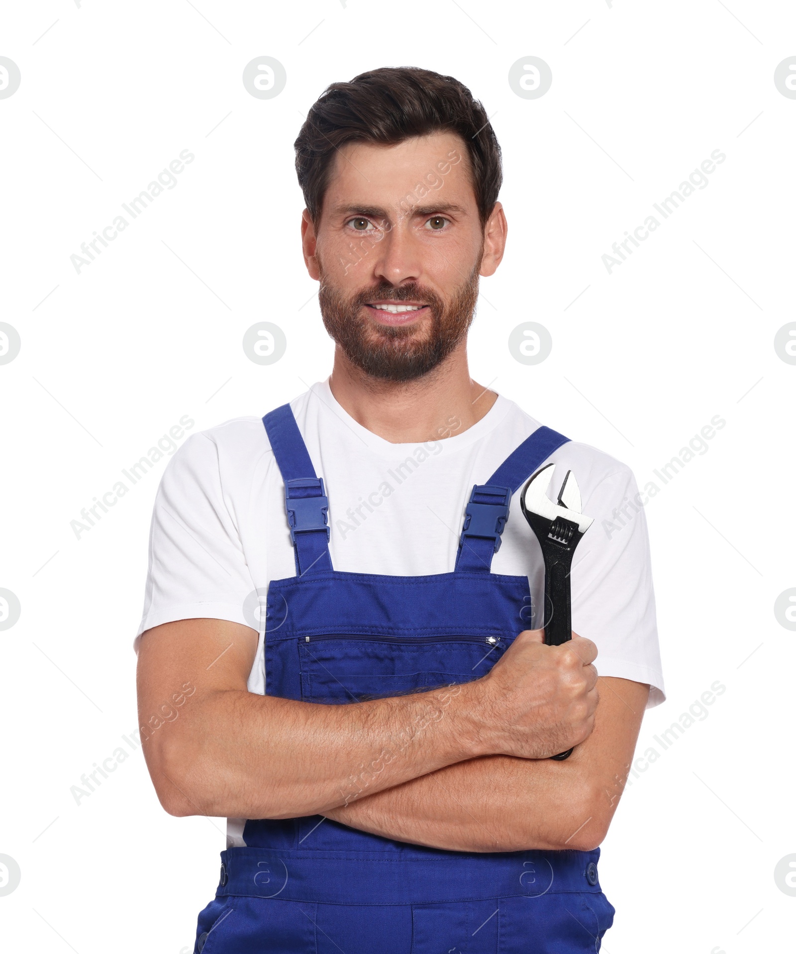 Photo of Professional plumber with adjustable wrench on white background